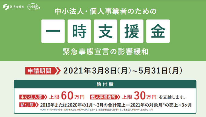 金 一時 中小 企業 中小企業庁「緊急事態宣言の影響緩和に係る一時支援金」の申請受付を開始